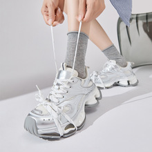 2025新款老爹鞋交叉绑带设计增高厚底休闲运动老爹鞋翘头女鞋