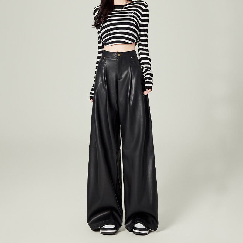 검은 가죽 바지 여성의 가을 2024 새로운 높은 허리 느슨한 스트레이트 슬리밍 PU 가죽 넓은 다리 바지
