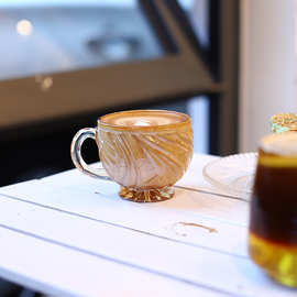 法式轻复古浮雕波纹透明玻璃小咖啡杯 红茶ins金色轻奢创意出口单