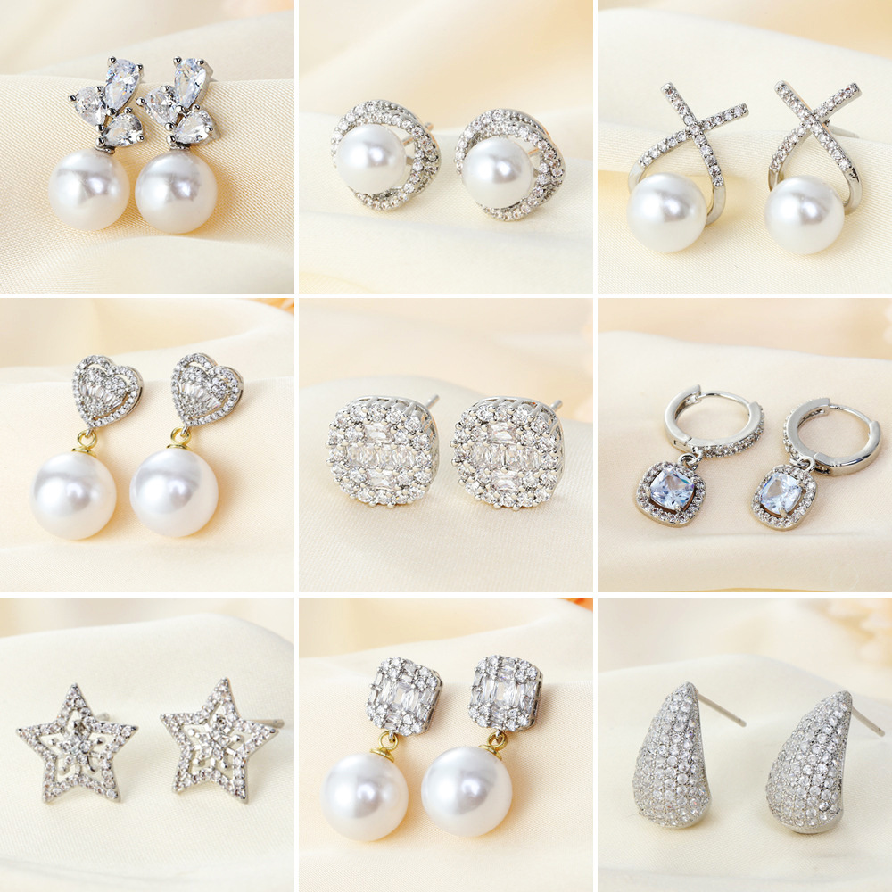 Plating, Inlay Design 1 Pair Imitation Pearl Copper Artificial Pearls Zircon 925 Sterling Silver Earrings Geometric Heart Shape Drop Earrings Ear Studs