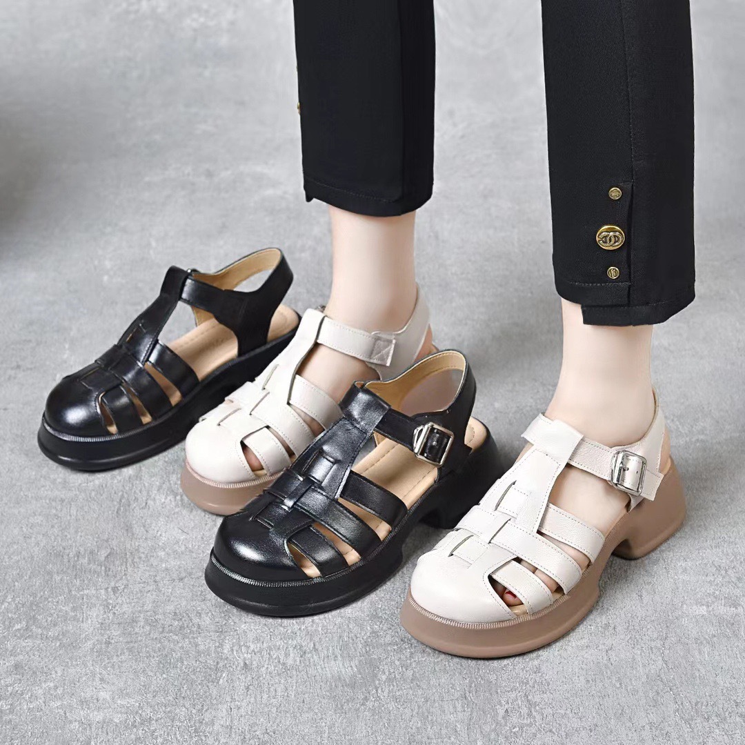 Sandal nữ đế dày da thật quai chữ V bọc mũi hở gót — Màu đen