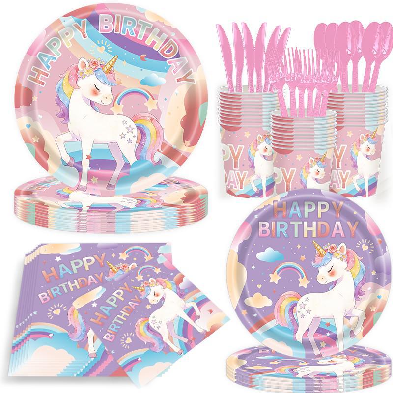 New Pink and Purple Unicorn Birthday Party Supplies Set Disposable Paper Plates, Paper Cups, Napkins and Tableware