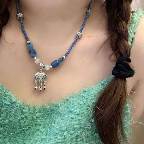 Ancient-style long-life lock necklace, new Chinese ethnic style pendant lockchain,  new handmade bead necklace, fashionable choker