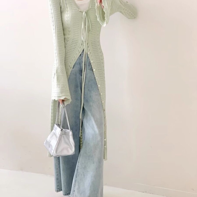 [Xu Ruohan Loves You and Shen Xifan's Same Style] Knitted Cardigan Women's Long Outer Wear Slim-fit Slimming Horn Sleeve Jacket