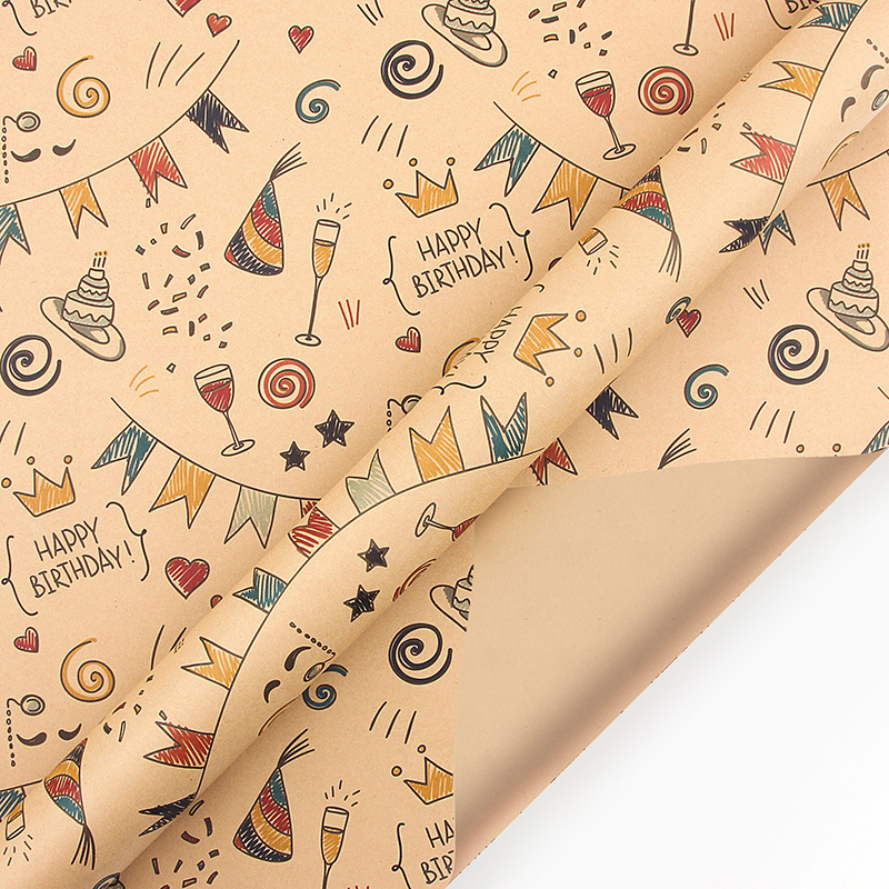 Transfronterizo nuevo feliz cumpleaños papel de embalaje de papel Kraft lindo libro de dibujos animados papel de regalo en stock al por mayor