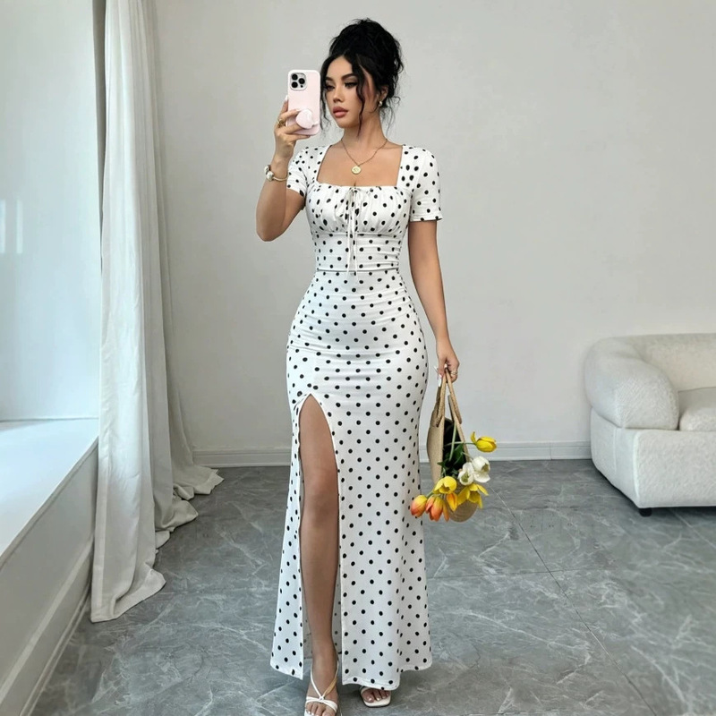 Women's Summer 2026 New Style Puff Sleeve V-Neck Slimming Elegant Fishtail Long Dress French Polka Dot Dress