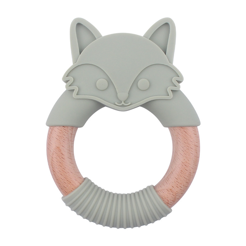 Bebé mordedor silicona animal anillo de madera mordedor Diente de dibujos animados animal Beech bebé zorro pulsera teether juguete
