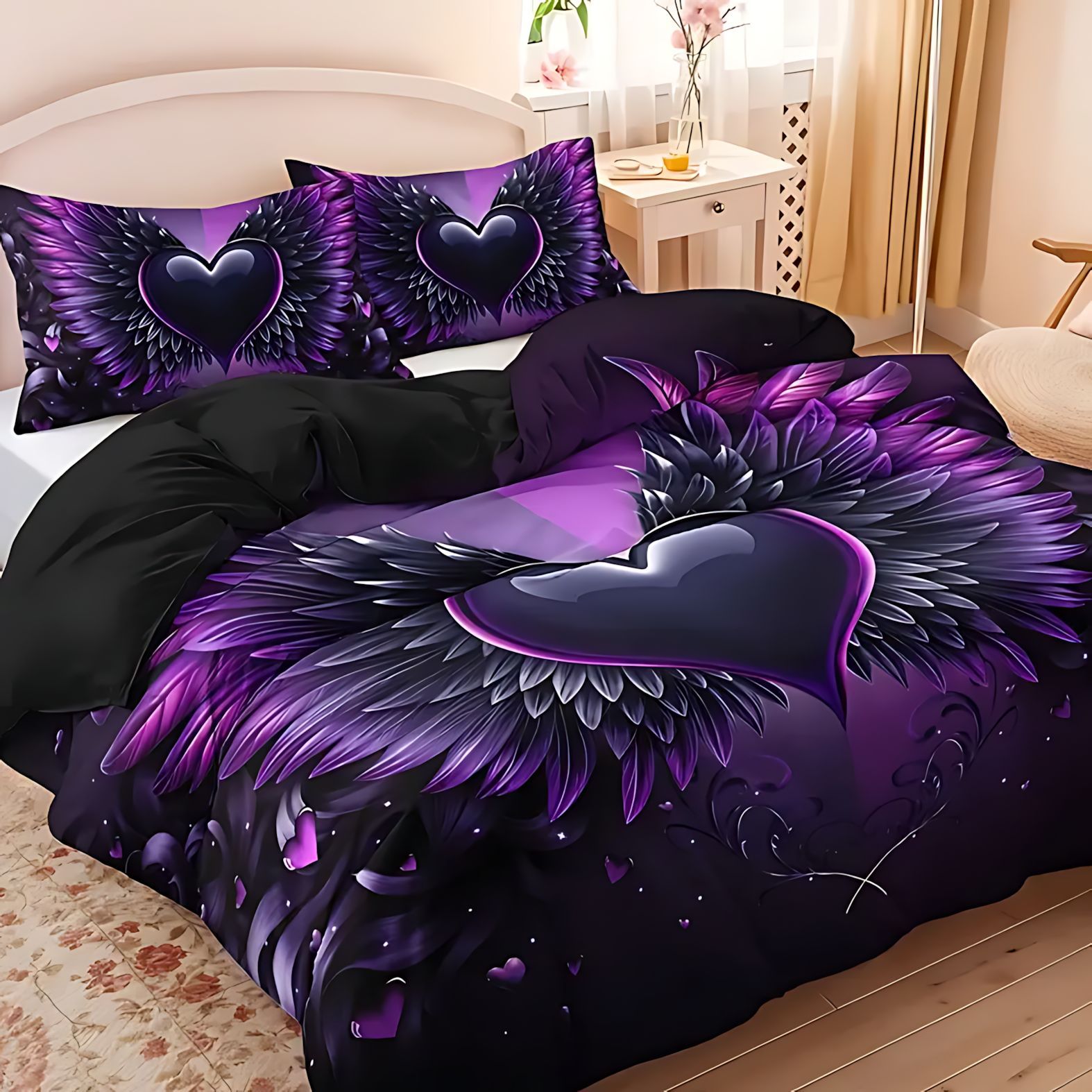 TEMU / JIT alas de amor plumas de impresión digital HD colcha de cama kit visita a casa transfronteriza