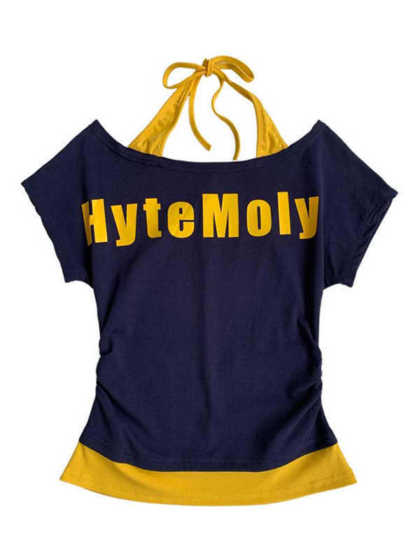 ホットガールワンショルダー半袖Tシャツ女性用2025夏新作フェイクツーピースホルターネックスリムフィットオフショルダートップイン|undefined