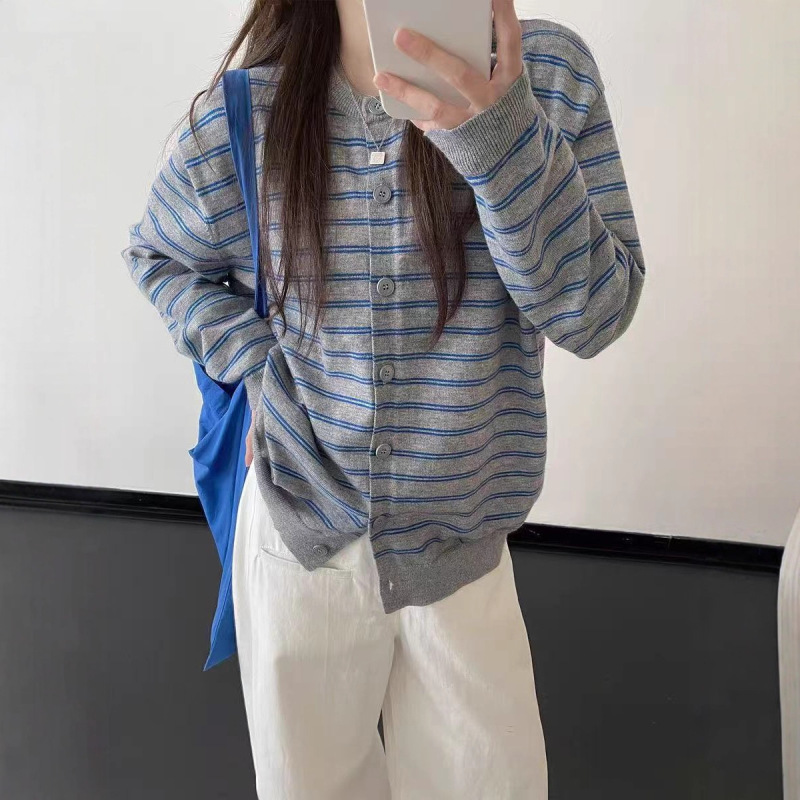 复古撞色条纹开衫外搭毛衣女秋季2025新款慵懒风韩系针织上衣外套|undefined