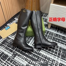 G家真皮靴圆头侧拉链高筒靴秋冬新款骑士靴不过膝长靴粗跟长筒靴