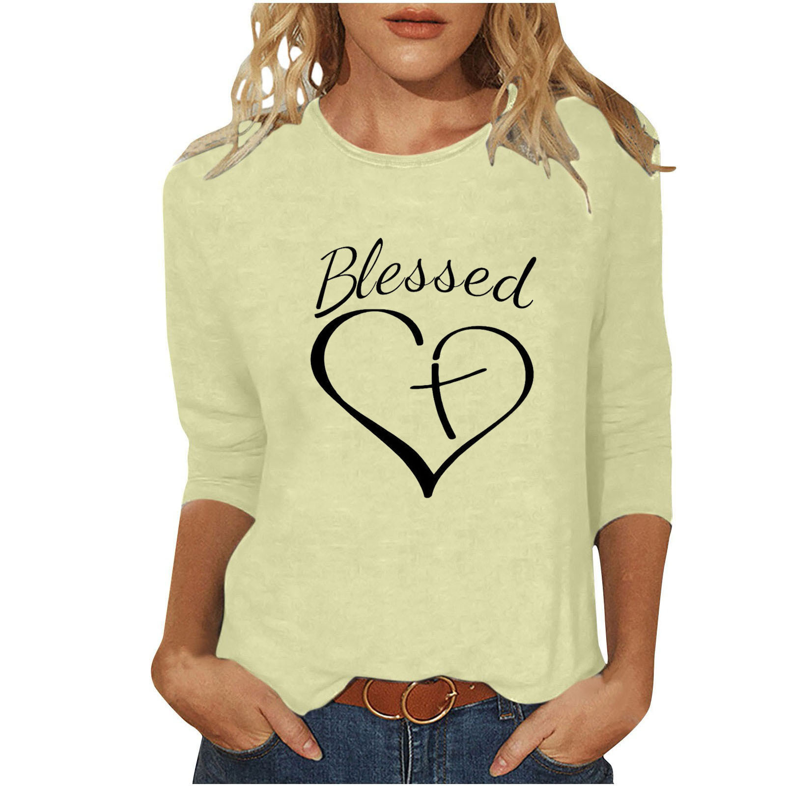 Women's T-shirt 3/4 Length Sleeve T-shirts Casual Basic Letter Heart Shape display picture 4
