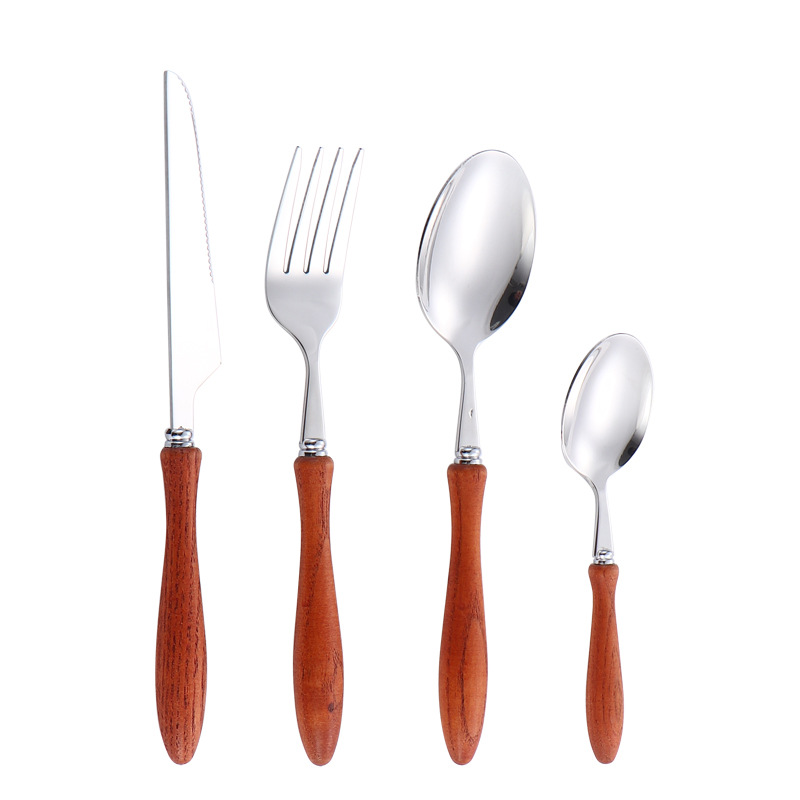 Cross-border 304 cuchillos y tenedores de acero inoxidable conjuntos de cubiertos creativos mangos de madera de mango redondo cubiertos de carne cuchillos y tenedores cucharas de té