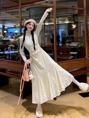 小个子针织连衣裙春秋款长袖蕾丝拼接鱼尾裙收腰半高领内搭毛衣裙