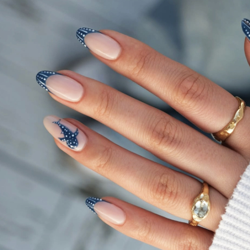 Cross-Border Blue Whale Wave Almond-Shaped Wearable Nails Summer Beach French Style Gradient Fake Nails Foreign Trade 24 Wholesale