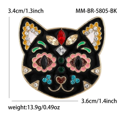 Korean-Style Alloy Enamel Brooch with Diamonds in the Shape of a Cat, Cute and Fun, Versatile Accessory for Women's Clothing: Br5805 (Yaxa sancaqları) - kc-gold-black-5805-bk