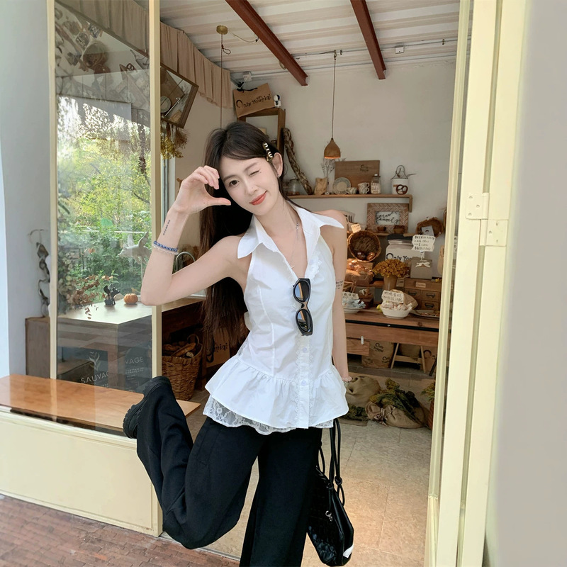 Summer Korean-Style Chic Pure Desire Sweet Bow Lace Patchwork Top Sleeveless Backless Halter Shirt