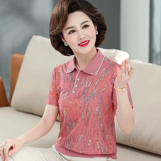 中老年女装短袖t恤夏装50-60岁妈妈装新款翻领上衣时尚冰丝针织衫
