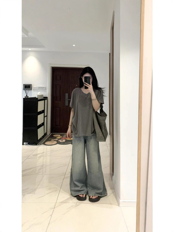 韩系简约休闲V领灰色慵懒风短袖T恤女夏新款宽松垂感百搭半袖上衣|undefined