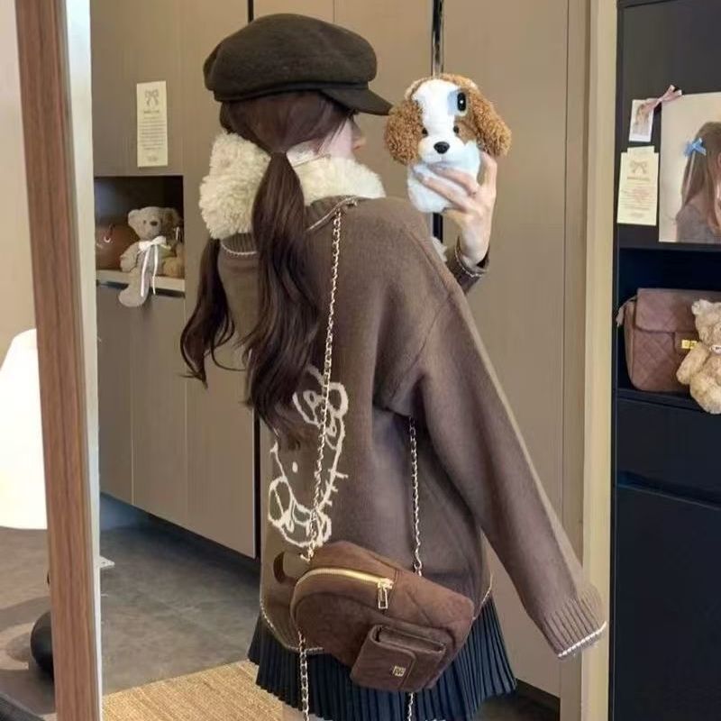 甜美风针织开衫kitty提花翻领毛衣外套秋新款慵懒风针织外套上衣|undefined