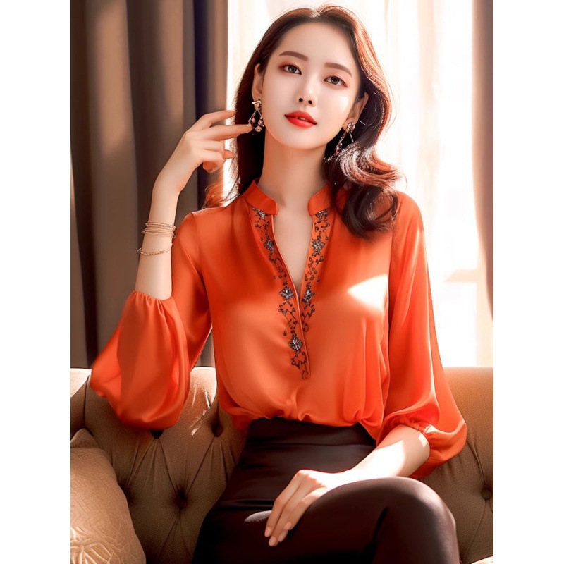 2024流行日韩系小个子重工刺绣v领灯笼袖橘色衬衫上衣女