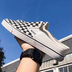 2023 summer new canvas Korean slippers women's shoes black and white plaid slip-on lazy men's shoes couples vulcanized shoes