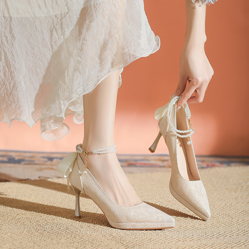 French-Style Thick-Soled Waterproof Platform Mary Jane Shoes for Petite Women, Main Wedding Shoes with Pearl Strap and Chunky High Heels