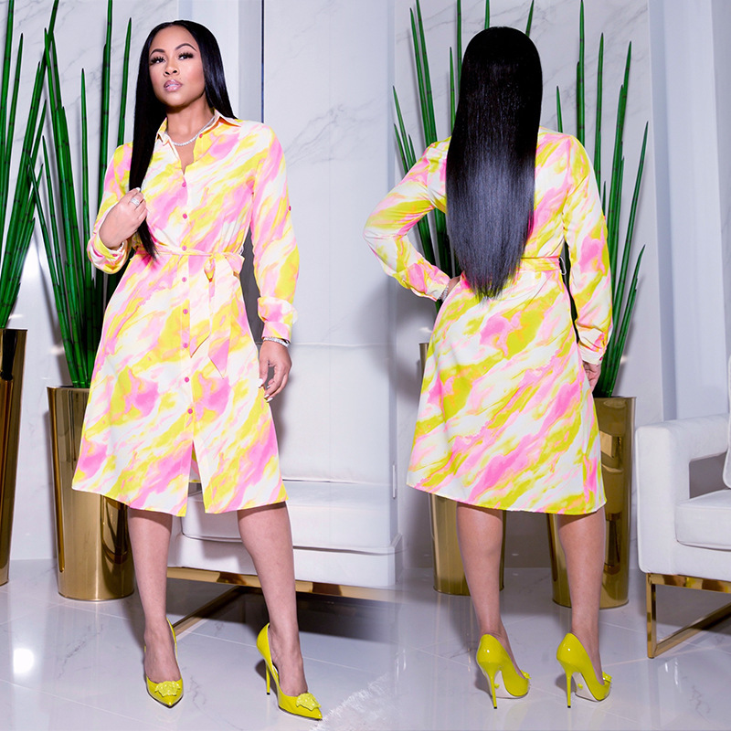 907 Long Sleeve Long Dress European and American Shirt Large Size Women's 2021 Summer New Slightly Fat Casual Maternity Dress for Chubby Girls