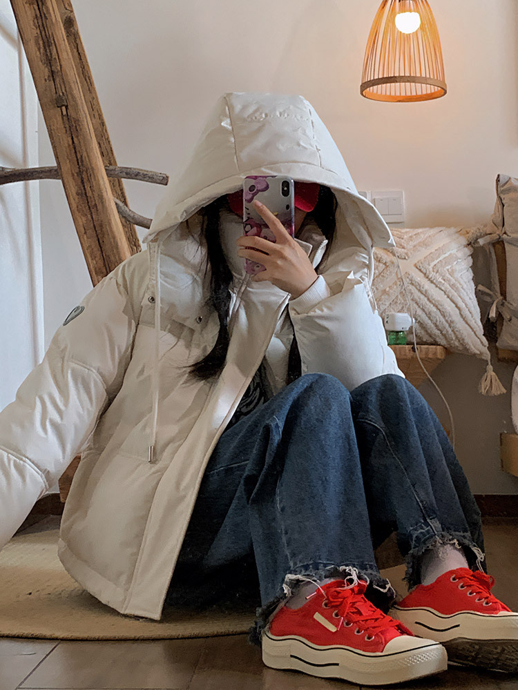 Algodón mujer 2023 invierno nuevo estilo coreano estampado de tela de pluma corta ropa de algodón de mujer con capuzas ropa de pan de moda chaqueta
