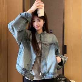 复古立领短款牛仔外套女春秋2025新款小个子百搭盐系机车夹克上衣