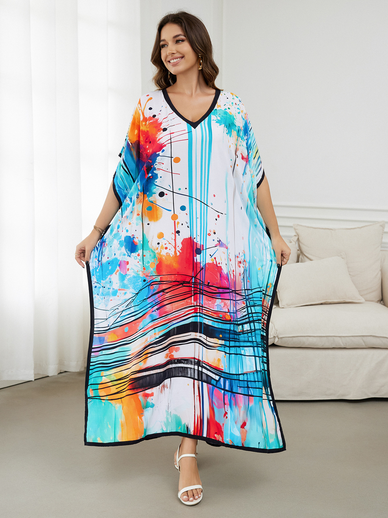 Rochie de plajă lungă kimono dama boho viscoză tie-dye_voghion.com