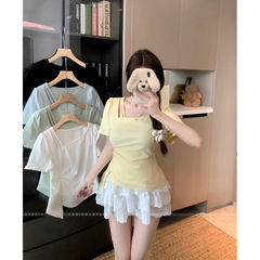 プラスサイズの女性の右肩ピンチプリーツ不規則な Tシャツ夏の新しいファット mm デザイン斜め襟トップ