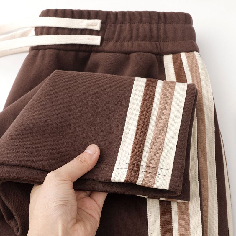 Brown 340g Heavy Side Stripe Drawstring Casual Straight Wide-Leg Pants Men's Brown Loose Sweatpants Women's Autumn