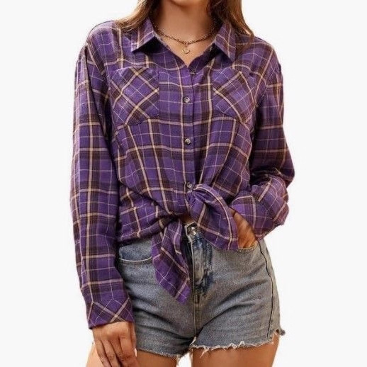 Amazon Autumn Lightweight Flannel Women's Long Sleeve Casual Shirt Plaid