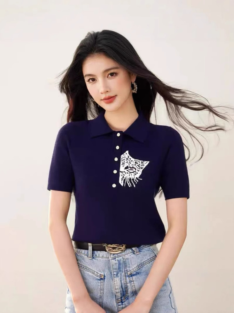 Áo thun polo nữ tay ngắn thêu họa tiết, phong cách Mỹ ôm body — màu xanh