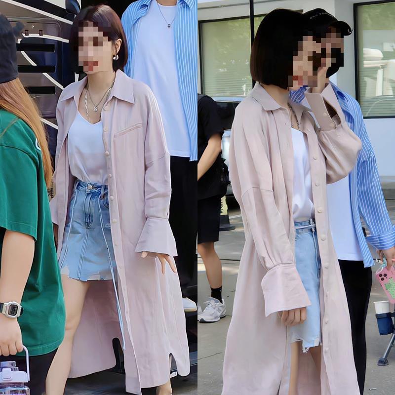 Shining Her Qin Lan Guan Wen Same Style Pink Mid-length Trumpet Sleeve Trench Coat Shirt Women Loose Korean Trench Coat Women