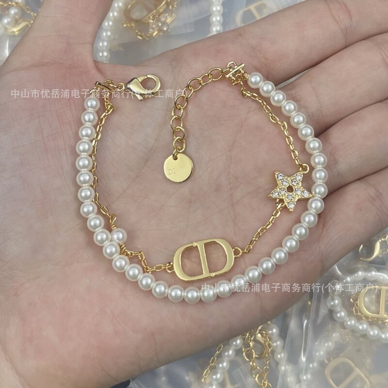 Authentic Real-Shot D&G Letter Cd Double-Layer Chain Pearl Bracelet for Women, Light Luxury High-End Star Jewelry Wholesale