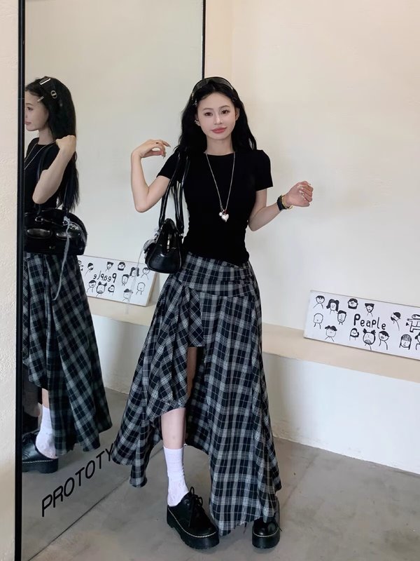 法式不规则黑白格纹半身裙女春秋季新款设计感时尚小个子显瘦裙子|undefined