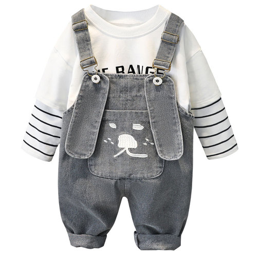 Children's boys and girls denim overalls long-sleeved suit baby casual cartoon Korean version cotton two-piece set manufacturer wholesale