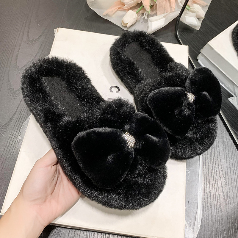 Pantofole pelose per abbigliamento esterno da donna 2023 nuove pantofole in cotone a una linea con suola spessa con fiocco autunno e inverno_voghion.com