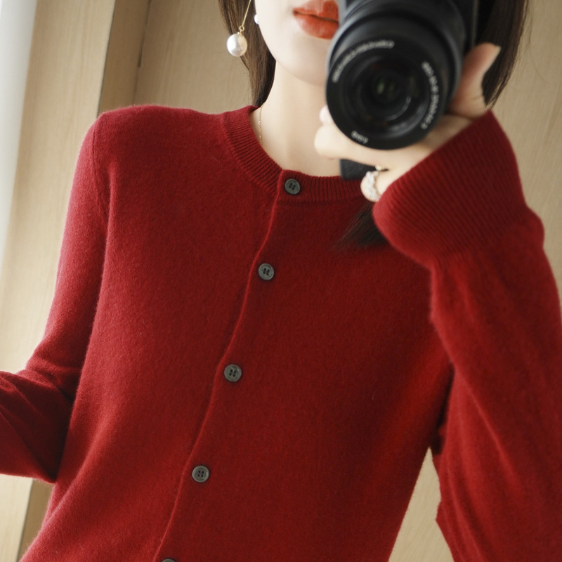 2025 New Knitted Cardigan Spring and Autumn Round Neck Sweater Long-Sleeve Base Shirt Solid Color Versatile Jacket Wholesale