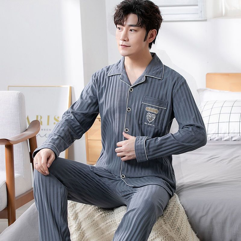 Pajamas de algodón extra grande primavera y otoño hombres cardigans de manga larga juventud de mediana edad ropa de hogar simple y suelta