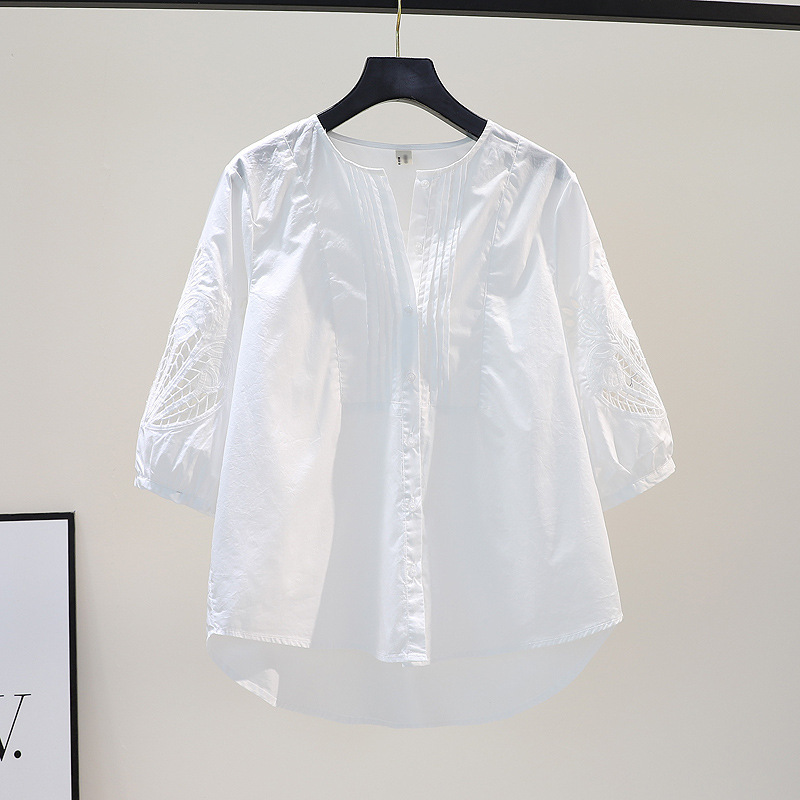 Hollow Embroidered Three-Quarter Sleeve White Cotton Shirt Women's Loose Slim Shirt 2025 Summer Korean Style Top Hollow Embroidered Three-Quarter Sleeve White Cotton Shirt Women's Loose Slim Shirt 2025 Summer Korean Style Top