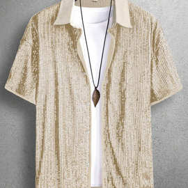 男士复古亮片短袖衬衫翻领系扣T恤聚会派对夜店酒吧闪耀男款上衣