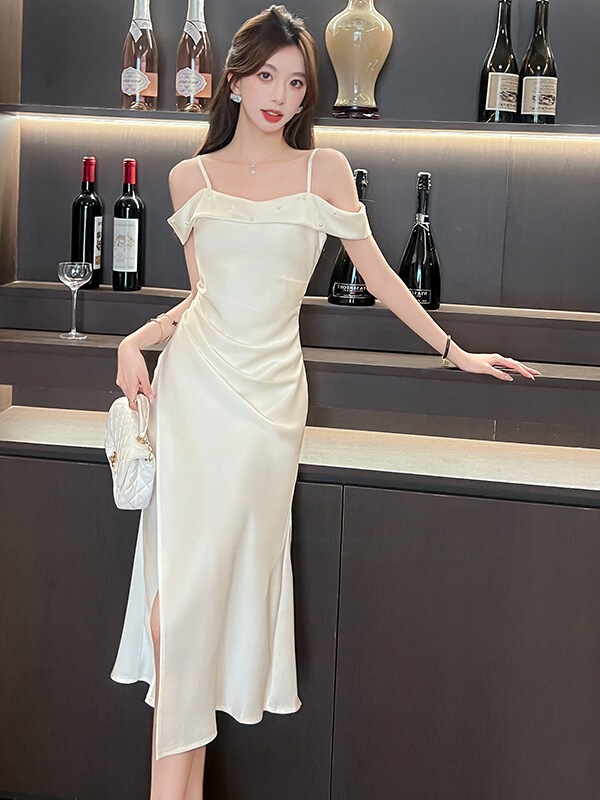 French One-Shoulder Beaded Dress for Women, New Style, Long, Slim and Sexy Satin Suspender Skirt