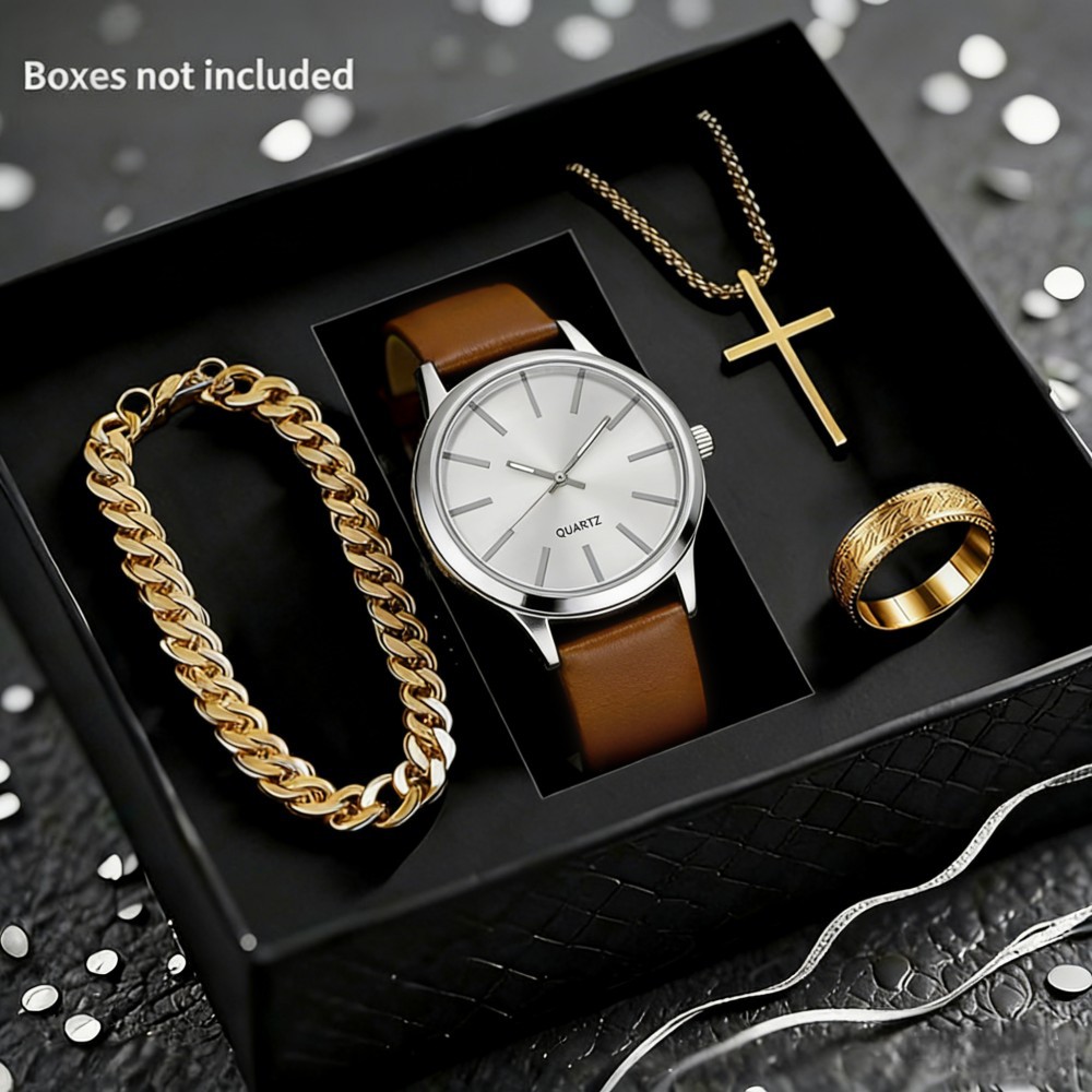 Men Quartz Watch Set With Bracelet Necklace Ring And Leather Strap_voghion.com