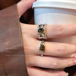Maillard Tiger Eye Opening Adjustable Ring Women's Niche Design Sense Finger Ring Retro Heavy Industry Oval Ring