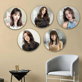 理发店墙面装饰画发廊美发店挂画圆形新款网红发型图片墙壁