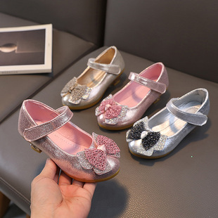 Girl's Leather Shoes High Heels Children's Crystal Single Shoes Girl's Silver Dress for Walking Piano Performance Big Boy Princess Shoes