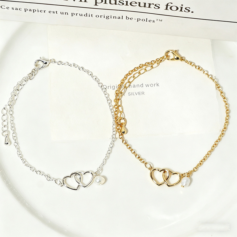 Korean-Style Adjustable Women's Bracelet with Freshwater Pearl Pendant, Simple and Romantic Valentine's Day Double-Ring Heart-Shaped Jewelry